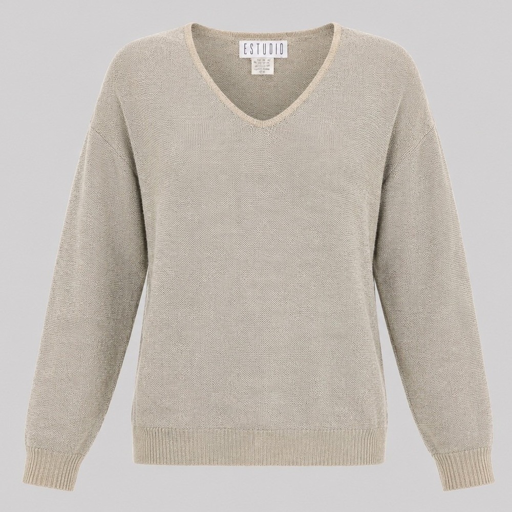 Vintage Studio I‎ Beige Knit V Neck Sweater Women M Y2K Minimalist Long Sleeve